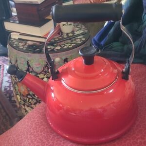 Le Creuset Red Enamel Whistling Kettle with Black Handle